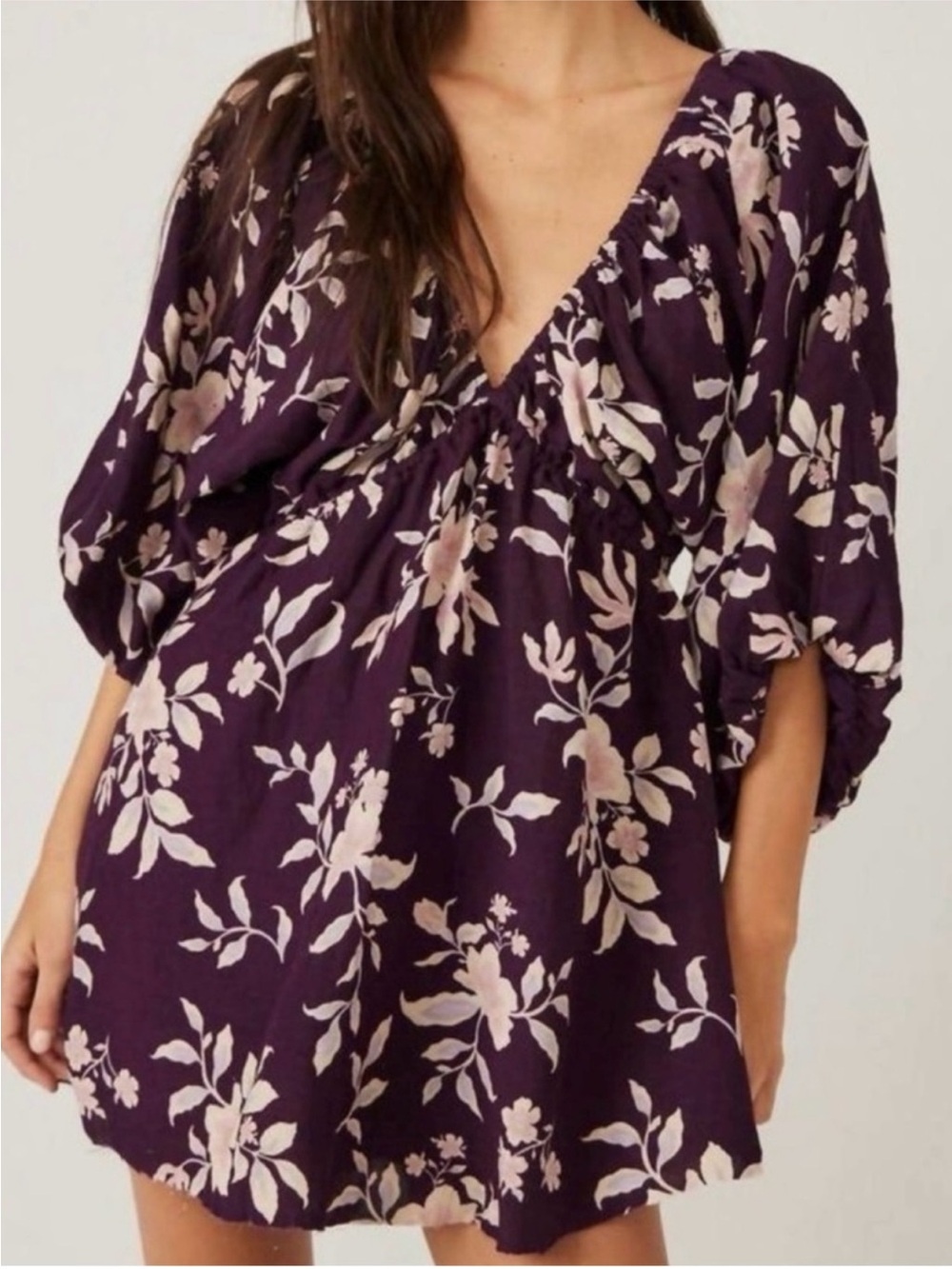 Free People Portia Floral Babydoll Mini Dress Purple Linen Balloon Sleeve Small